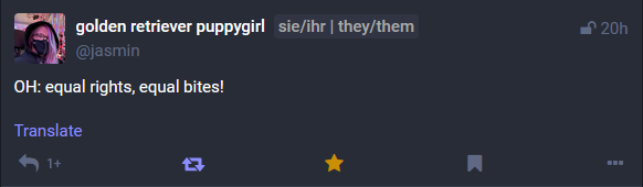 A Mastodon screenshot showing off pronouns next to a person's name